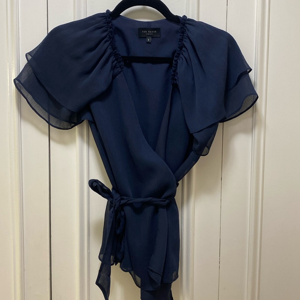 Ted Baker navy blue v neck flutter sleeve wrap top